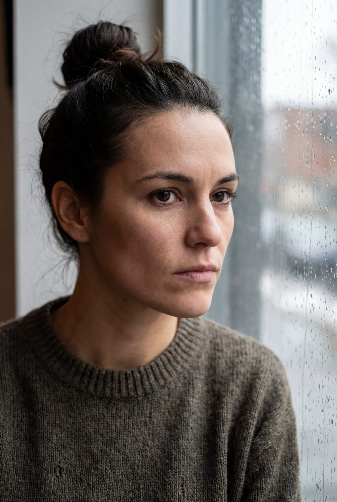 Medium close-up portrait of a woman with dark hair pulled into a bun, wearing a textured grey knit sweater, gazing out of a rain-streaked window in soft natural side light.