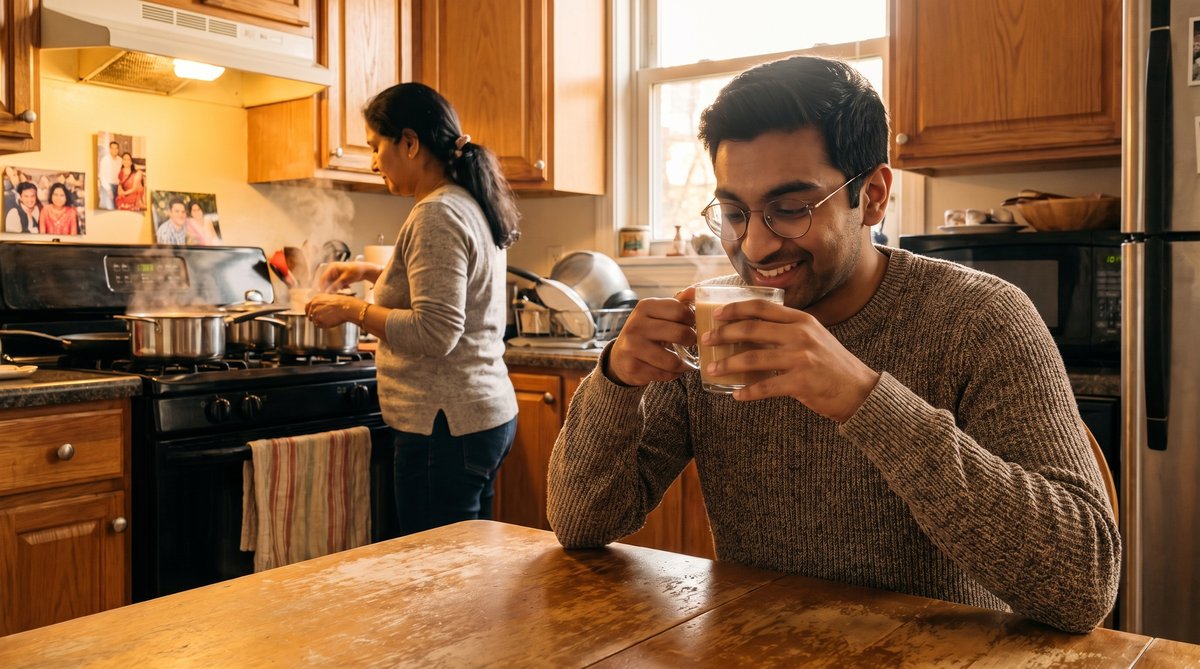A man sits alone at a small table in a modest café, sipping chai from a small glass cup, steam rising in the soft afternoon light.