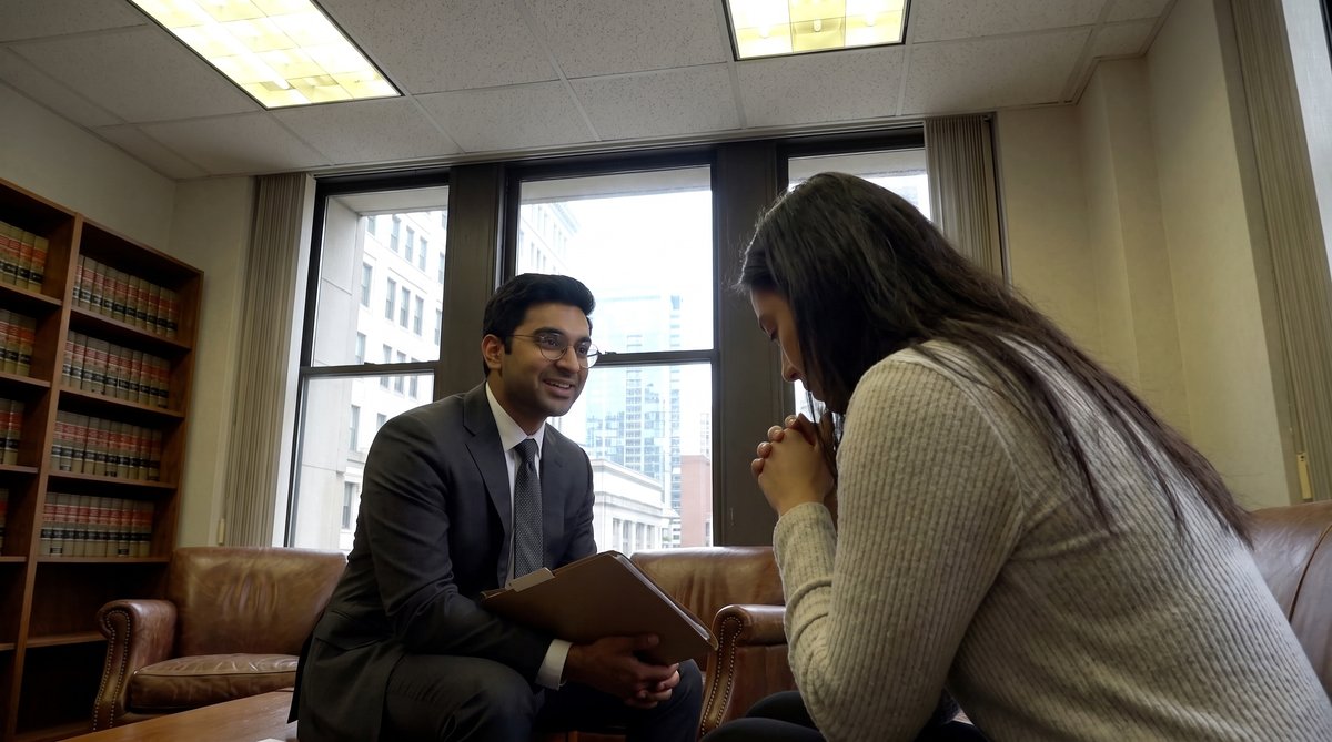 A lawyer in a charcoal suit leans forward listening intently to a nervous young client on a city sidewalk, blurred buildings in the background.