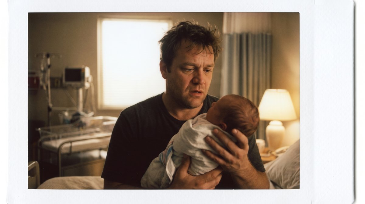 A person holds a newborn in a hospital room, soft overhead light, medical calm in the background.