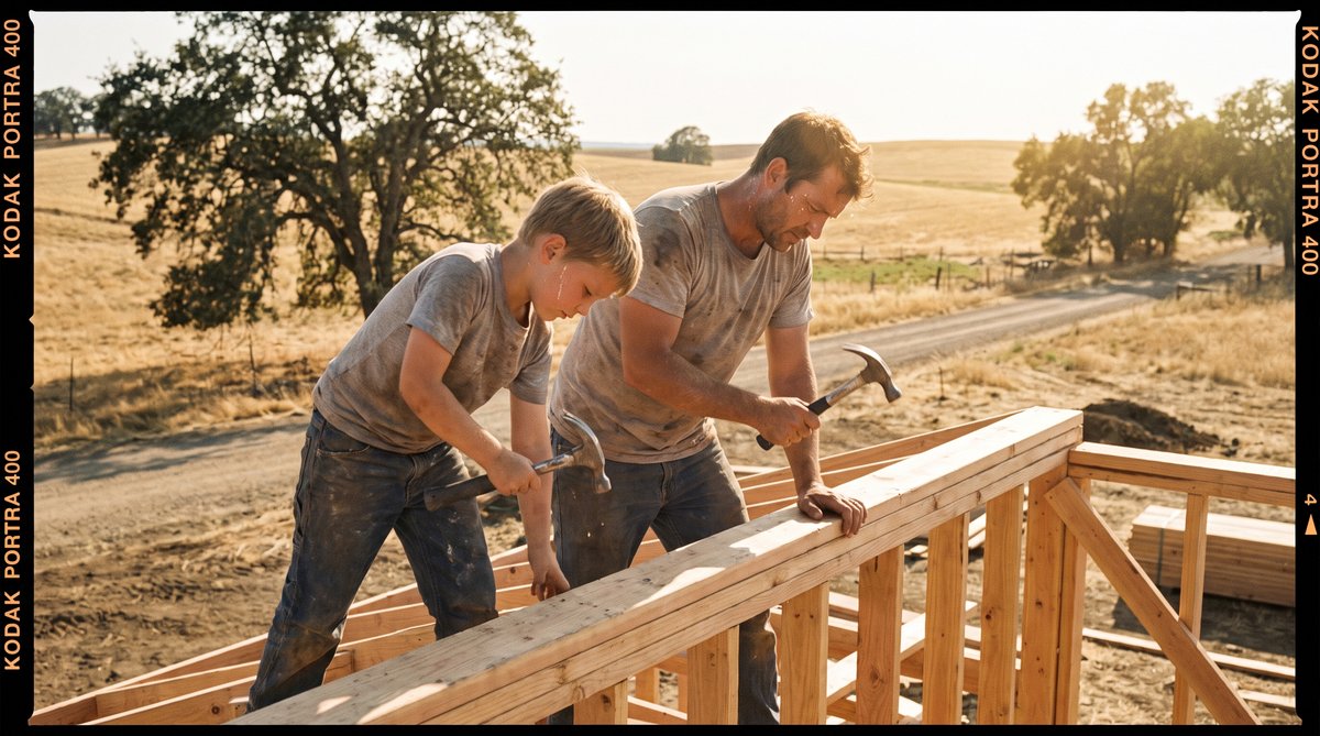 A father and son build a small wooden house together, hammer and planks scattered, early morning light filtering through.