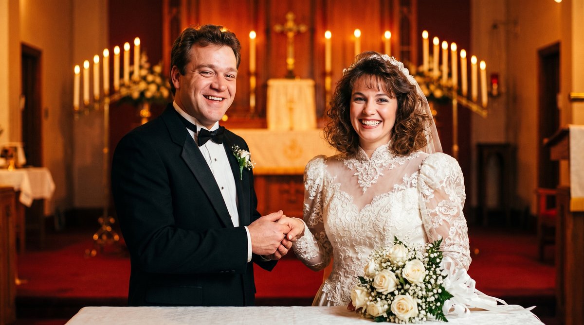 A man and woman exchange vows at a small wedding, hands joined, simple ceremony.