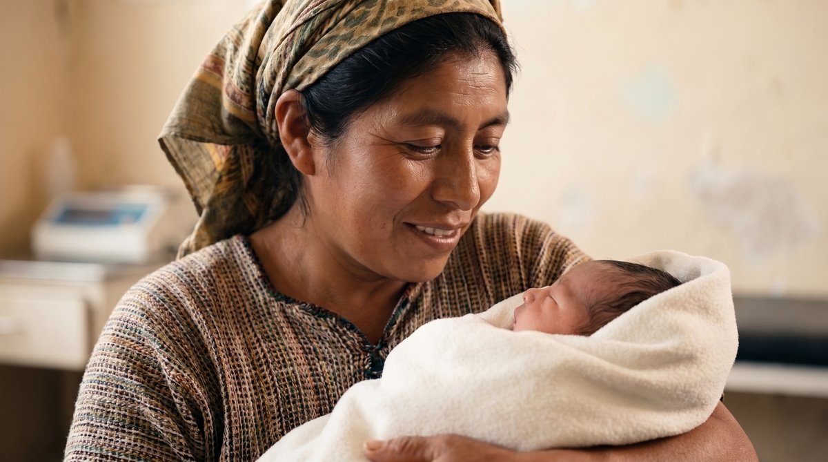 A woman cradles a newborn against her shoulder, soft light, gentle expression of love and exhaustion.