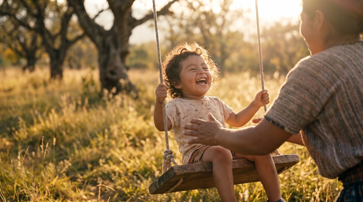 A child laughs on a wooden swing, hair flying, sunlight streaming through leaves.