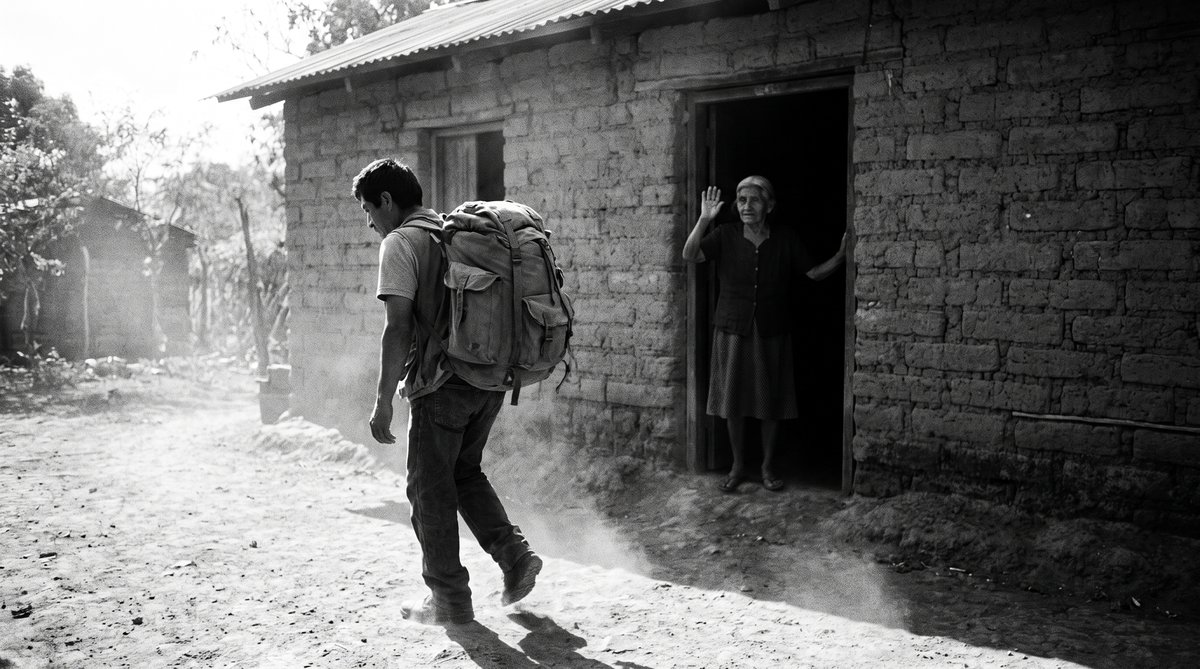 A younger man walks away from a rural house, back turned, carrying a satchel, leaves rustling.