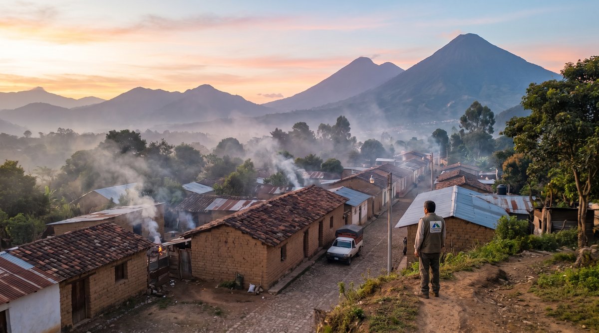 A man stands in a rural village, looking out over fields, early morning light.