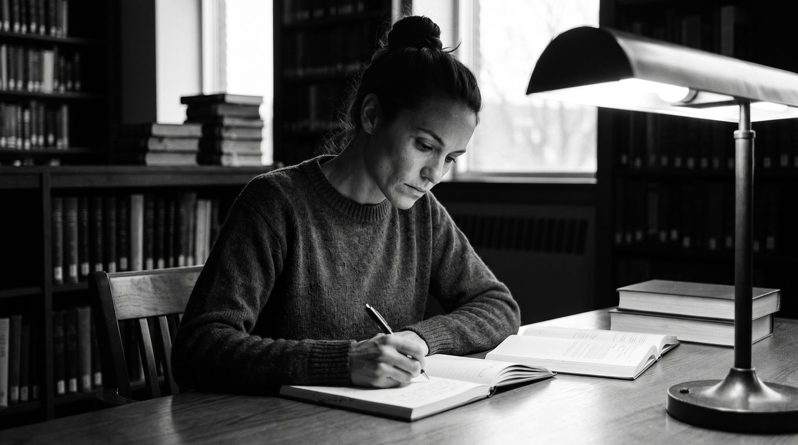 A woman with dark hair in a bun writes in a notebook at a library desk, lit by a desk lamp and window light, tall bookshelves behind her, in black and white.