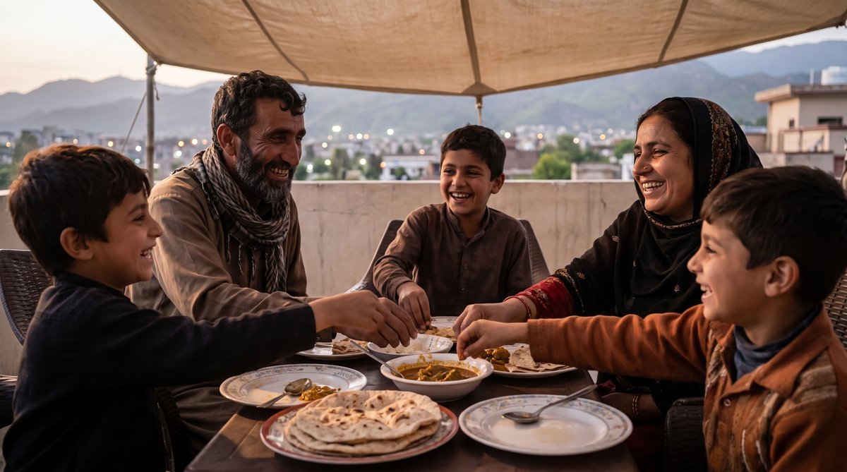 A family shares a meal at a table, several generations leaning in, hands reaching for food, warm domestic light.