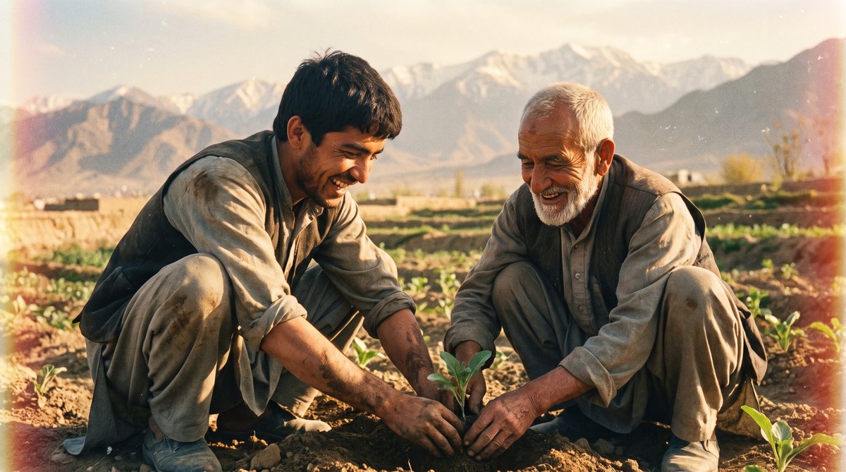 A man helps his grandfather tend to vegetables in a small garden, both bent over the soil, tools in hand.