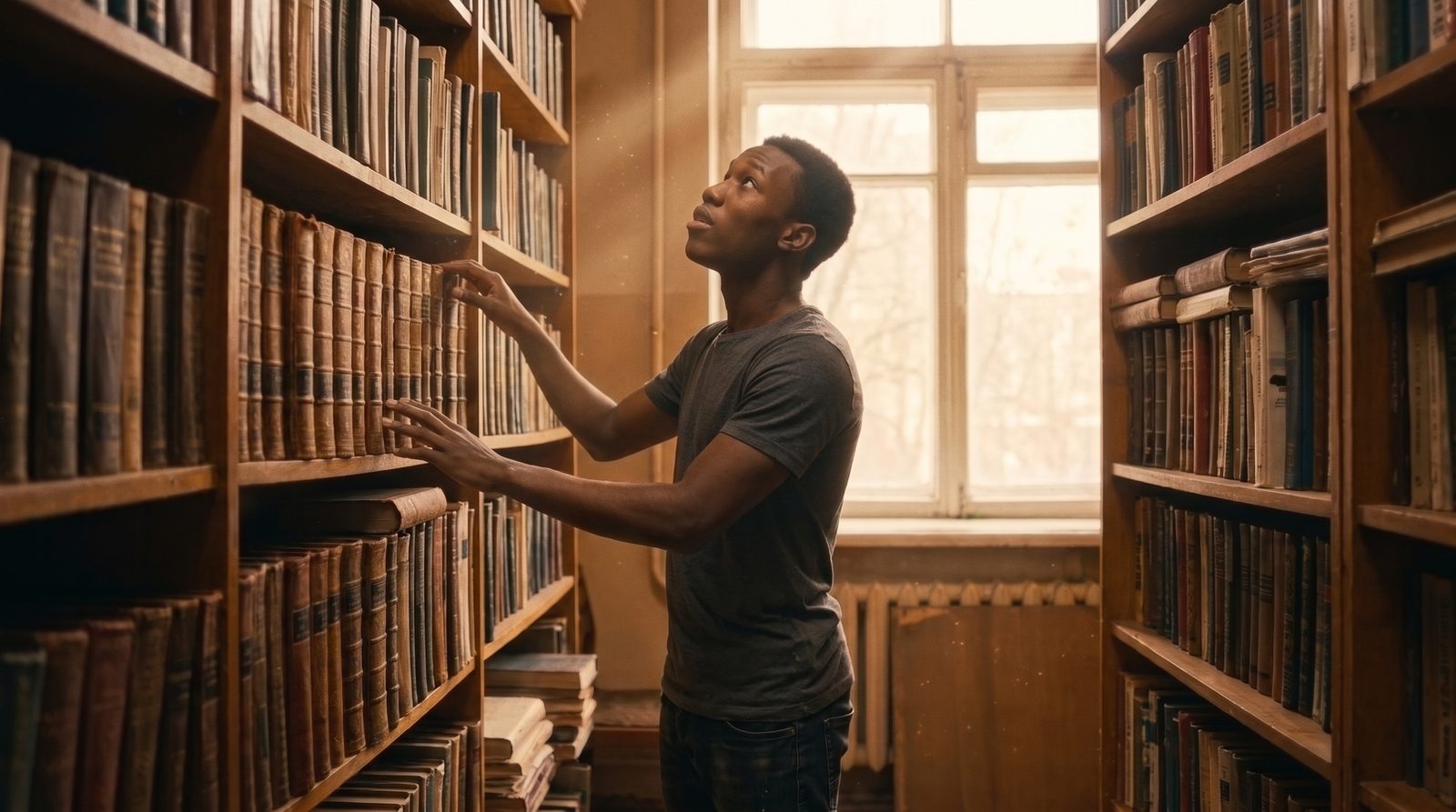 A young Black man stands in a library between tall wooden bookshelves of old leather-bound books, reaching up to touch a book spine while looking upward in warm golden window light.