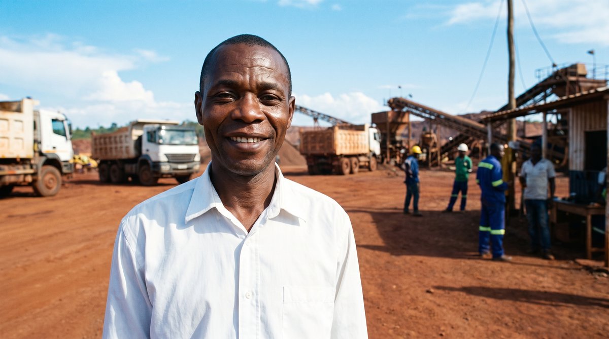 A man smiles at a mining site, wearing a hard hat and high-vis vest, the landscape scarred by open-pit mining in the background.