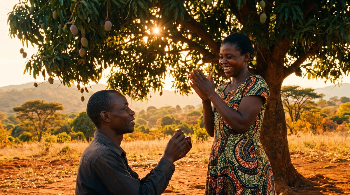 A man kneels in the dirt to propose to a woman, her hand covering his, the village behind them, both smiling through tears.