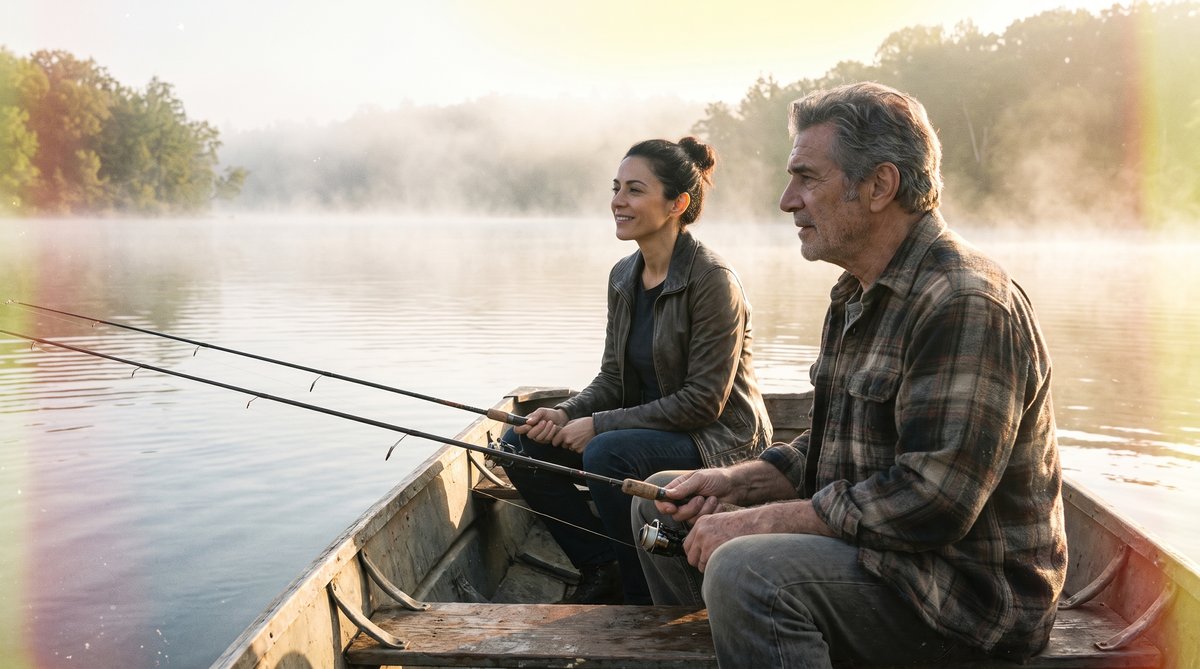 A woman holds a fishing rod at dawn on a misty lakeshore, line cast into still water, silhouettes of trees behind her.