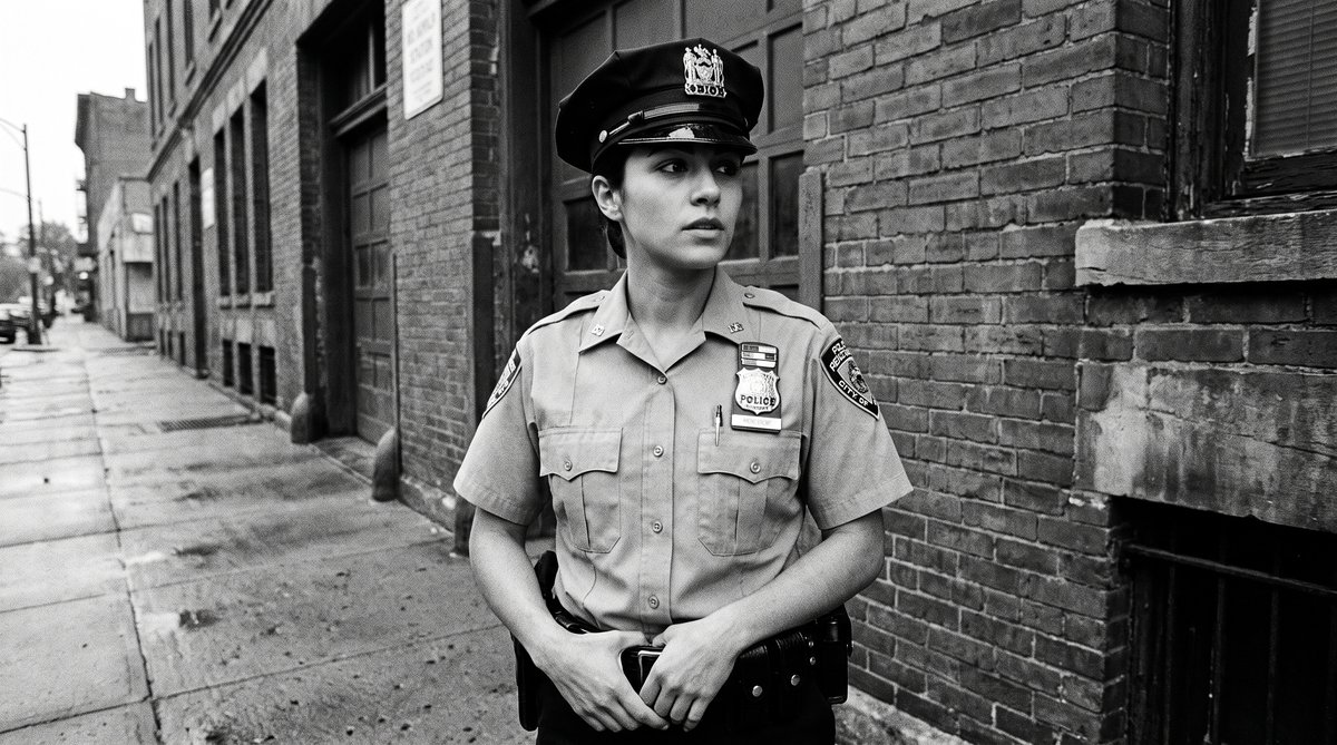 A female officer in uniform stands outside a police station at golden hour, badge visible, hand on her holster.