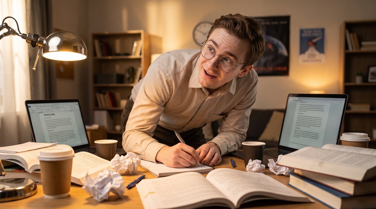 A man writes at a desk, fluorescent lights above, a worn keyboard beneath his fingers, papers scattered around.