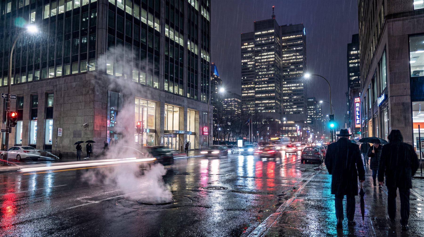 Wide street-level view of a rainy downtown Montreal intersection at night, wet reflective pavement and light trails from moving traffic, pedestrians in heavy winter coats under umbrellas, steam rising from a street vent beneath lit high-rise office towers.